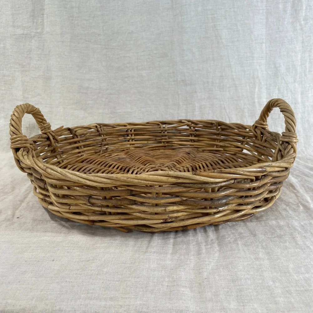 Vintage Large Round Wicker Tray Basket 18 Inch Handled Ottoman Coffee Table